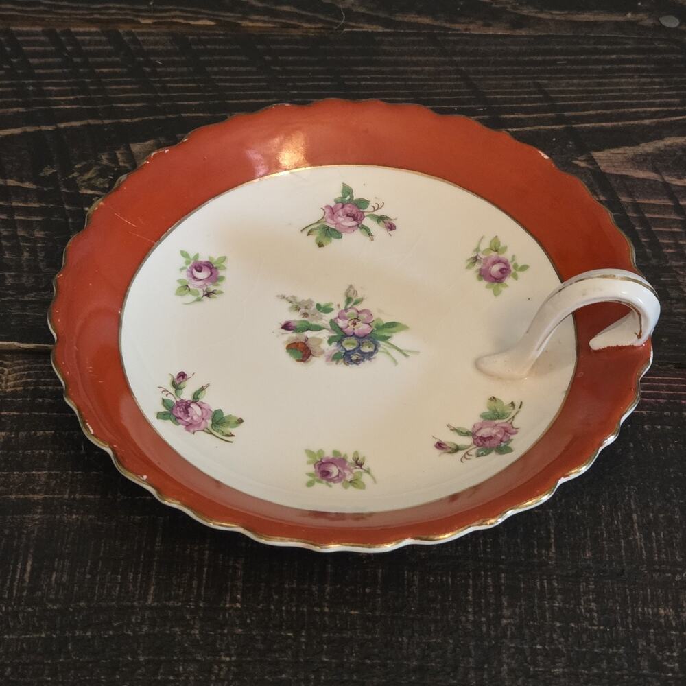 TAKITO Japan Lemon Wedge Server Red Rim Pink Roses, Gold Trim 6 1/8" S35